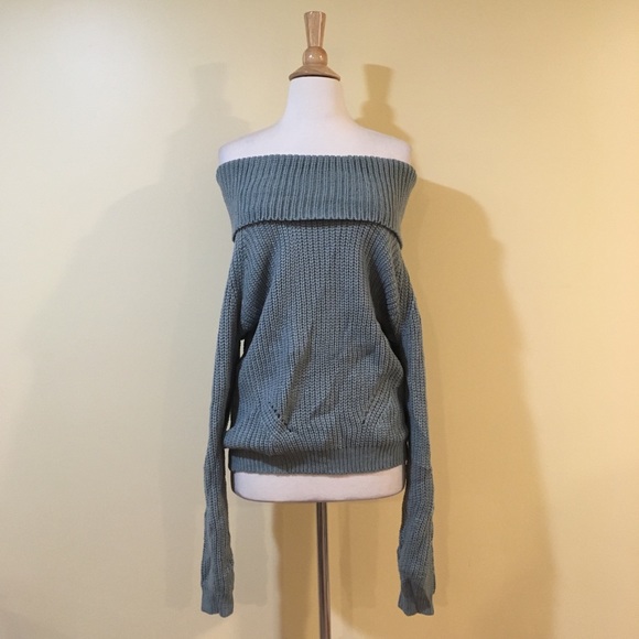 Chunky Knit Foldover Off Shoulder Sweater Dusty Slate - Picture 6 of 7